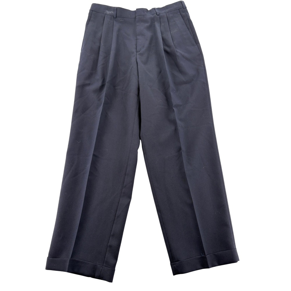 Slates Dress Pants 33x30 Pleated Cuffed Navy Blue Wool Blend Trousers